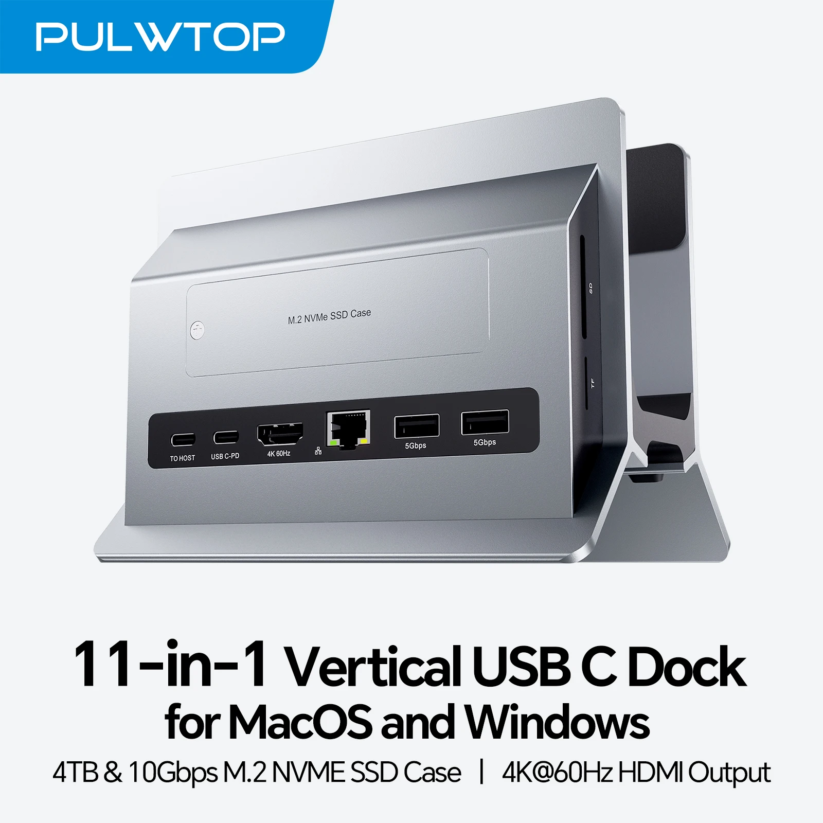 PULWTOP Vertical USB C Docking Station with M.2 SSD Slot, HDMI, USBC 3.2 Gen2,USBA 3.2 Gen1, RJ45, SD/TF, PD for UniversalLaptop