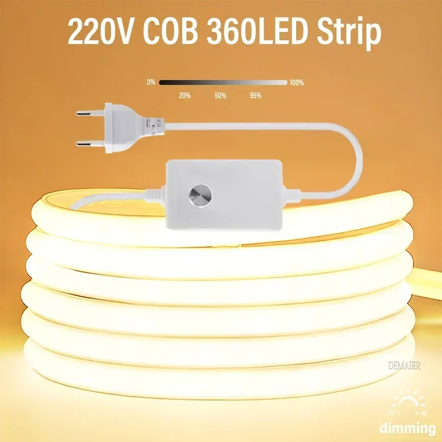 

1M-100M 220V 110V COB Светодиодная лента Супер яркая 360LEDs/m водонепроницаемая с переключателем источника питания ЕС/США Гибкая уличная лампа