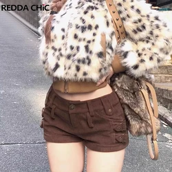 REDDACHiC Buckle Belt Corduroy Shorts Women Vintage Brown Low Waist Slim Fit Rolled Hem Casual Booty Pants Grayu Y2k Clothes