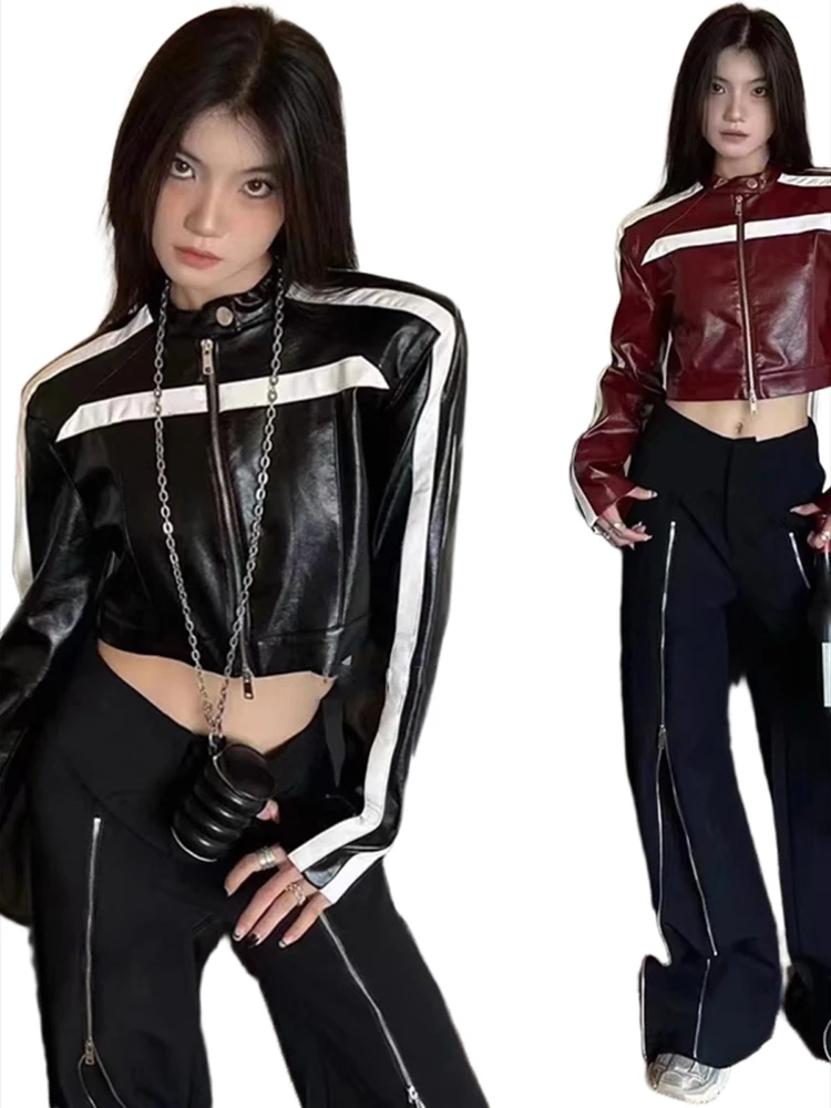 سترة من جلد البولي يوريثان قصيرة جدًا مخططة بحجب الألوان لسترة الدراجات النارية في الشارع عصرية جديدة للربيع