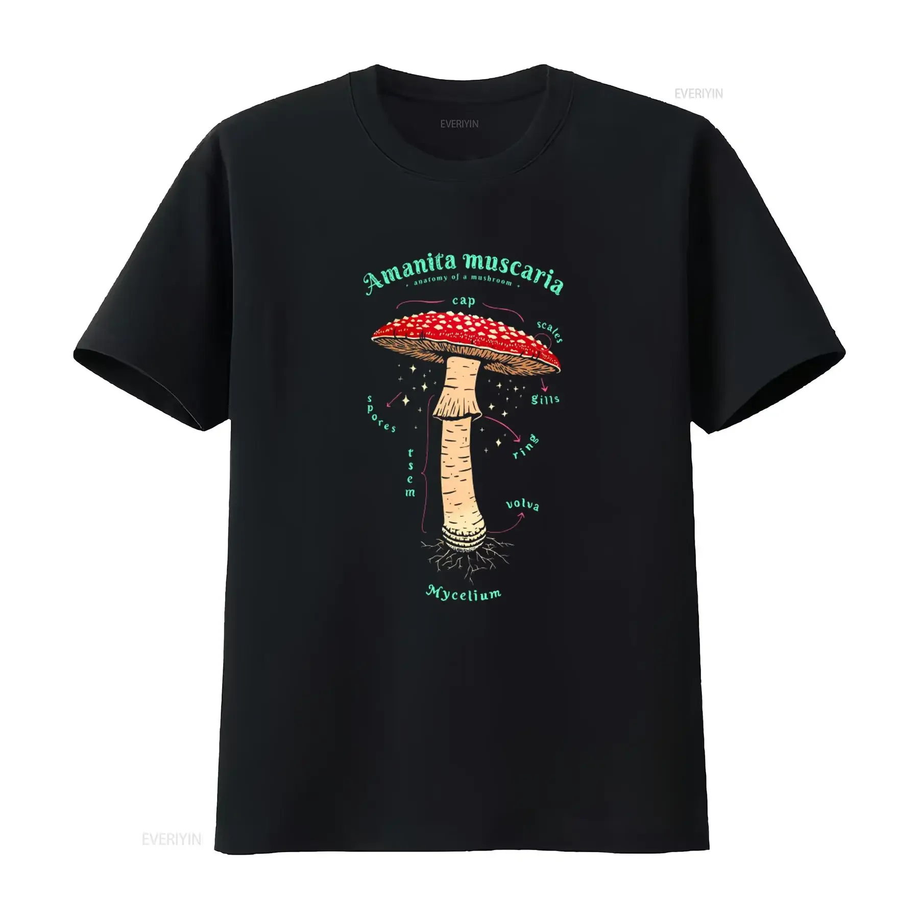 Camiseta con diseño realista de hongo volador (Amanita Muscaria), estilo Cottage Core, con ilustración de anatomía de hongo y naturaleza, vintage lavado.