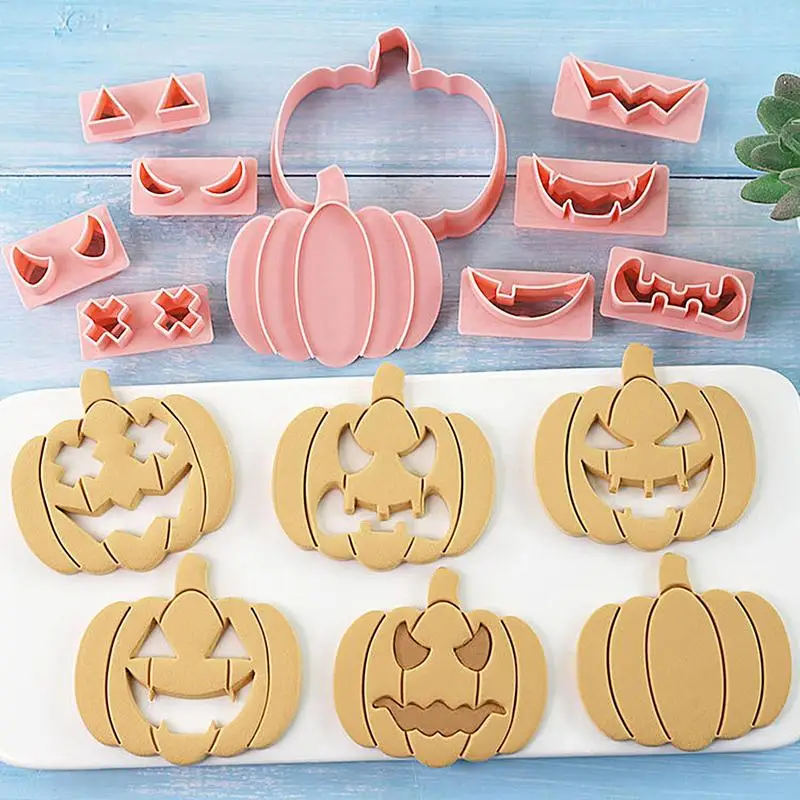 10pcsDIY Pumpkin Cookie Cutter With Face Halloween Stamps Pack Of 10 Pastry Fondant Molds With Replaceable Expressions accessory