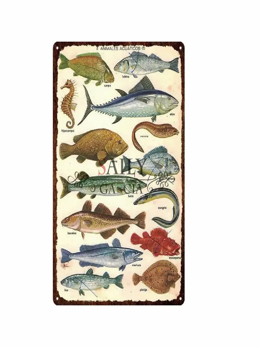 خمر الصيد معدن القصدير تسجيل الاسترخاء والأسماك جدار الفن الحديثة حانة بار ديكور الحيوان الأسماك الملصقات للمنزل ديكور معدن القصدير Sig #1