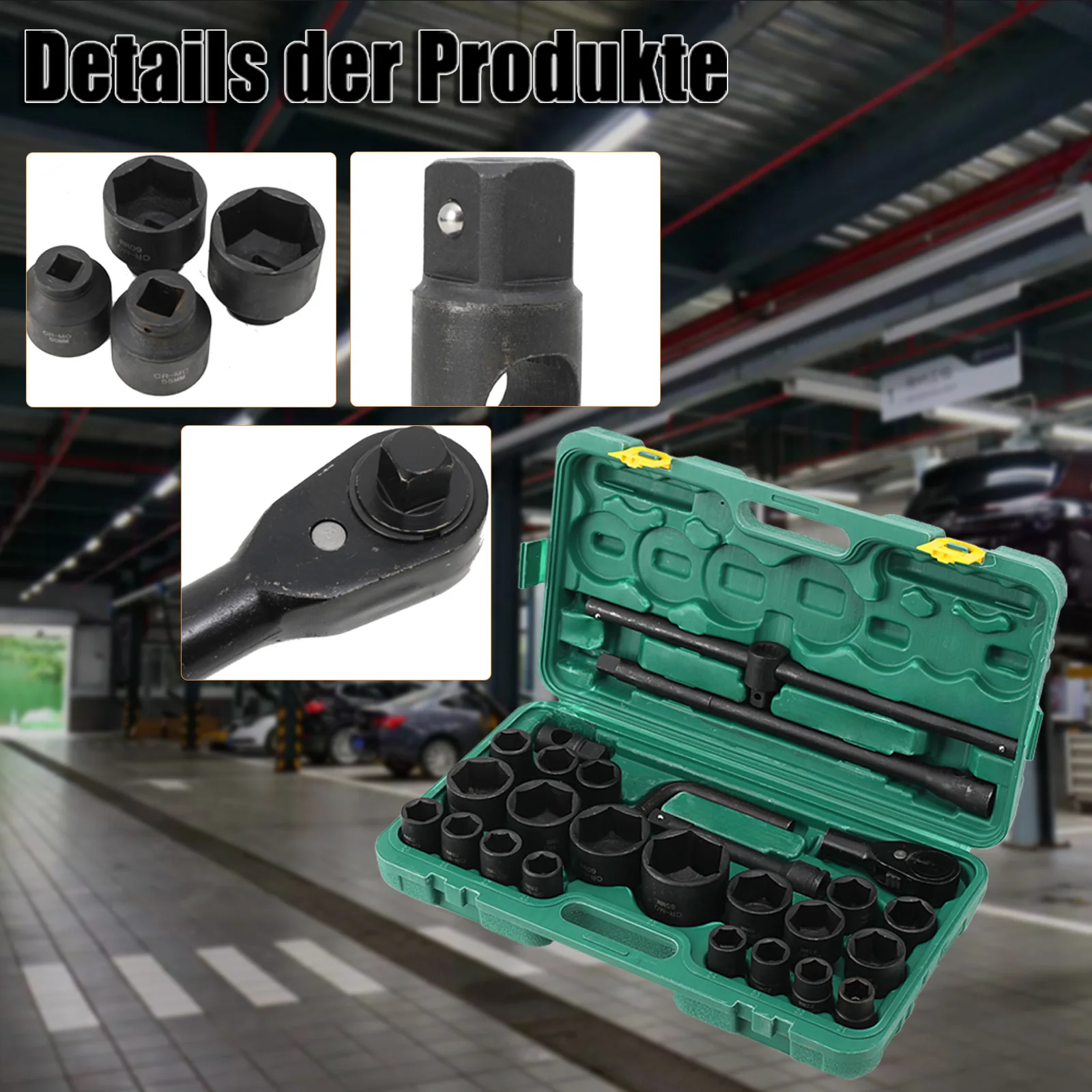 Set di bussole a impatto da 3/4" e 1" Kit di bussole a impatto metriche a 6 punte 21–65 mm con prolunga, adattatore per barra scorrevole e valigetta in materiale stampato ad alta durezza e resistenza