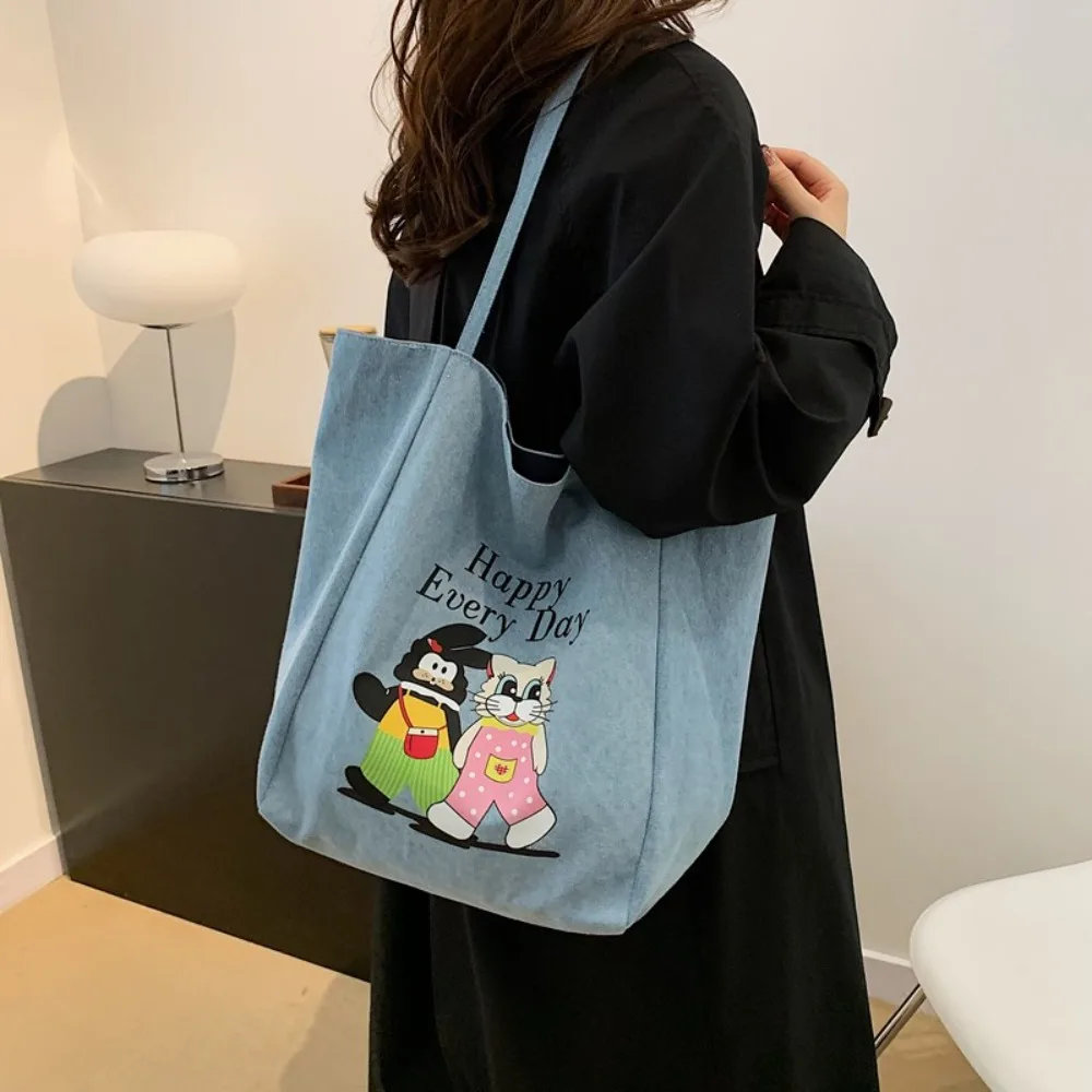 

Cartoon Animal Double-sided Tote Bag Lightweight Large Capacity Denim Blue Handbag Polyester Versatile Women Canvas Bag Storage