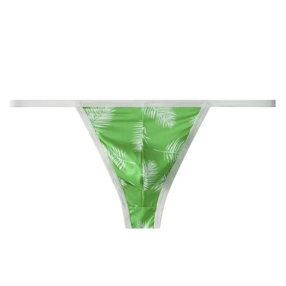 Comfortable Thin Strap Underwear Male Low Waist Feather Printed Men's Thong Ice silk Lingerie Thin Panties Boy