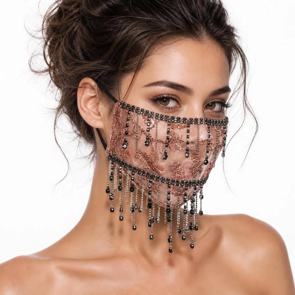 Elegant ademend bling gezichtsmasker met kwastjes, strass steentjes, mesh, zacht, stofdicht, dames sluiermasker, kostuum accessoire