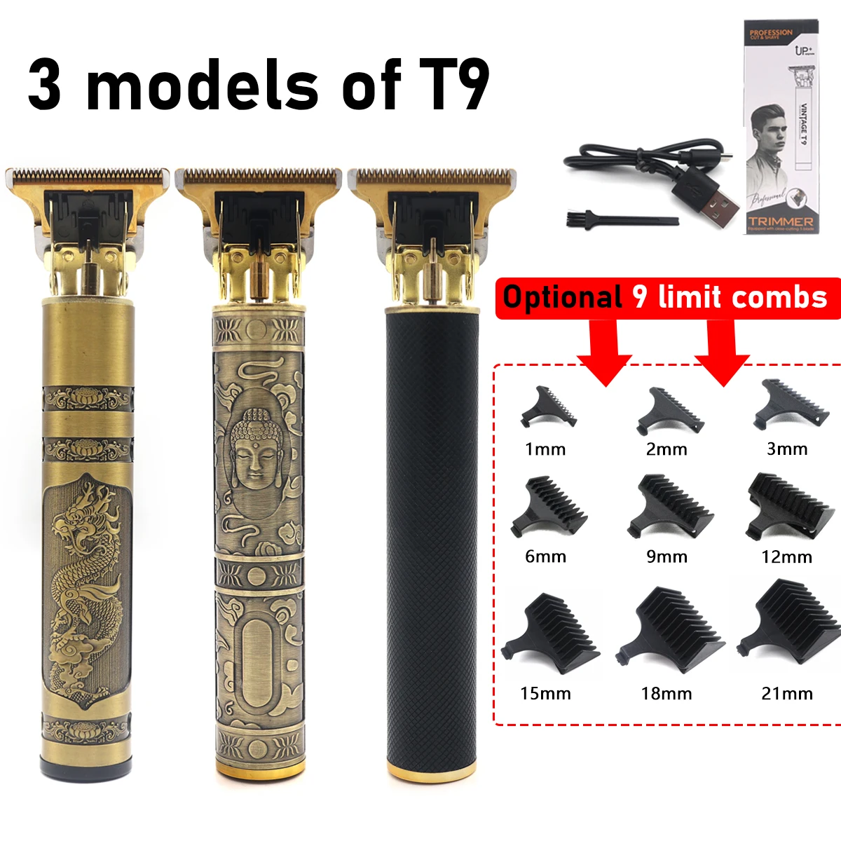 

Professional T9 Hair Trimmer Stainless Steel Blade Metal Body with 9 Optional Limit Combs Cordless for Hair Beard Trimming
