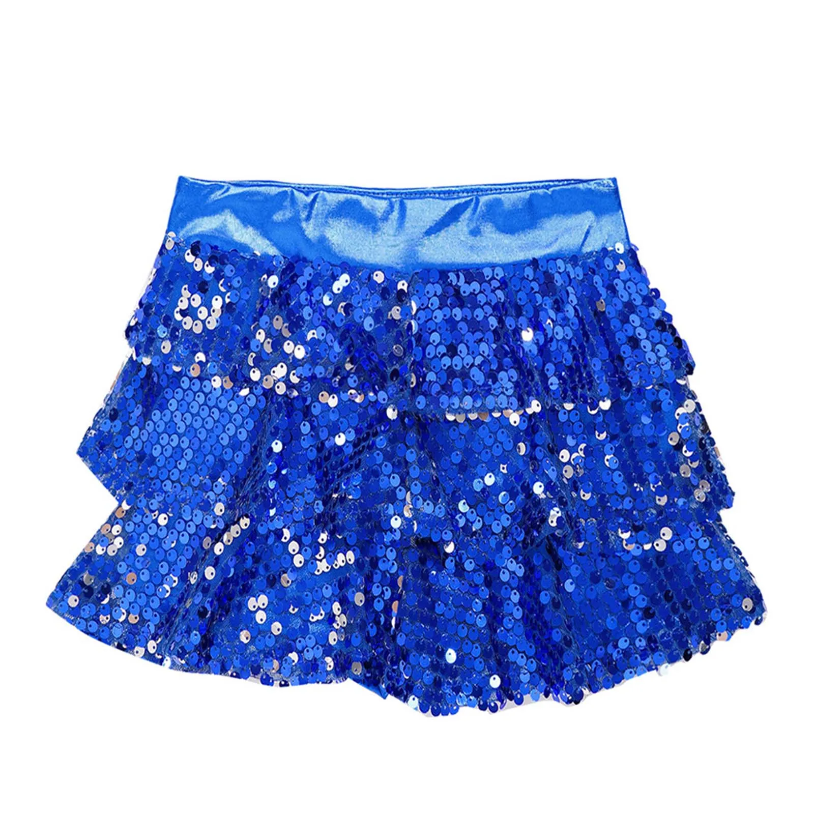 Kids Girls Tiered Ruffle Dance Skirt Shorts Metallic Shiny Sequins Elastic Waistband Culottes Dance Stage Performance Costume