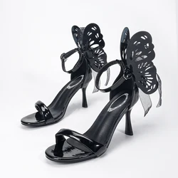 2024 new sandals high-heeled thin heels printed black sandals