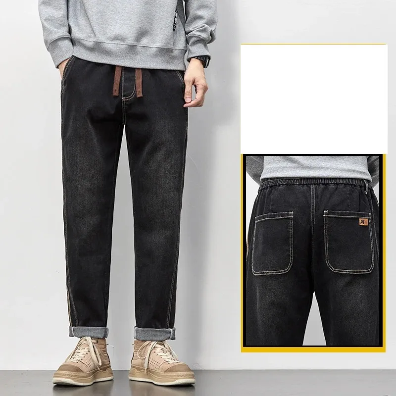 Men's Spring Autumn Elastic High Waisted Striped Solid Drawstring Casual Loose Work Straight Leg Jeans Trousers Fashion Pants