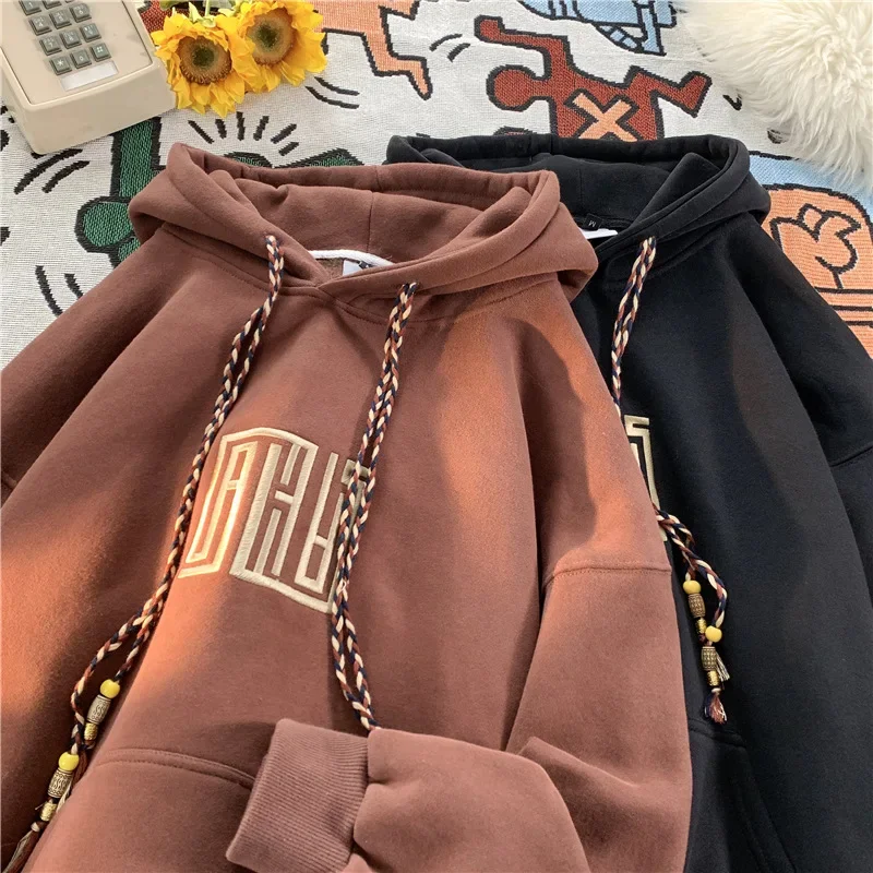 Purple Men's Sweatshirt Loose Fit Hooded Thickened Fleece Lined American Style Fall Winter 2023 New Trendy Brand Wear Jacket