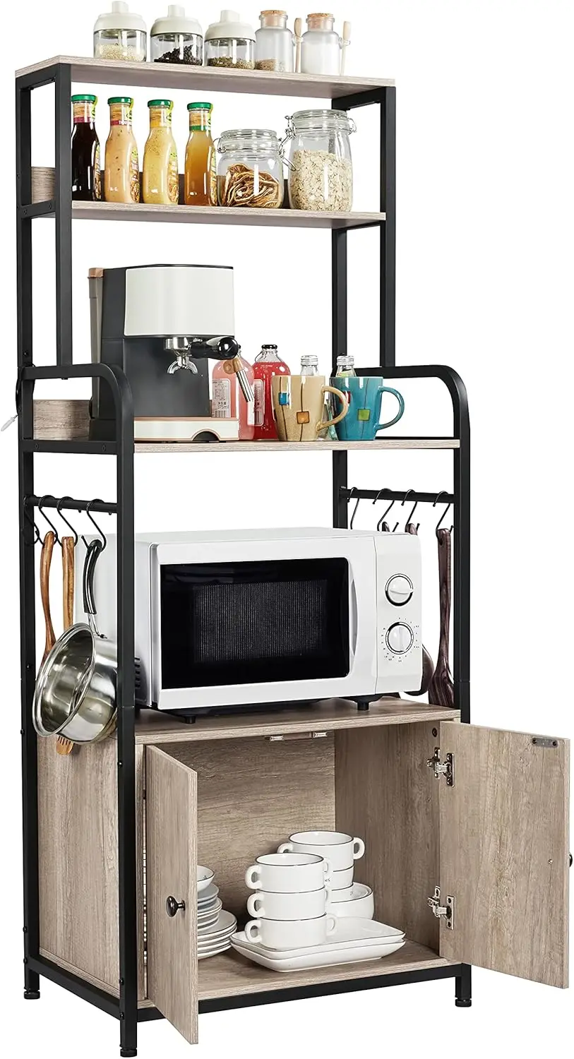 

4-Tier Kitchen Bakers Rack with Cabinet and Hutch, Microwave Oven Stand Coffee Pantry Cabinet with 8 S Hooks, Freestanding Kit