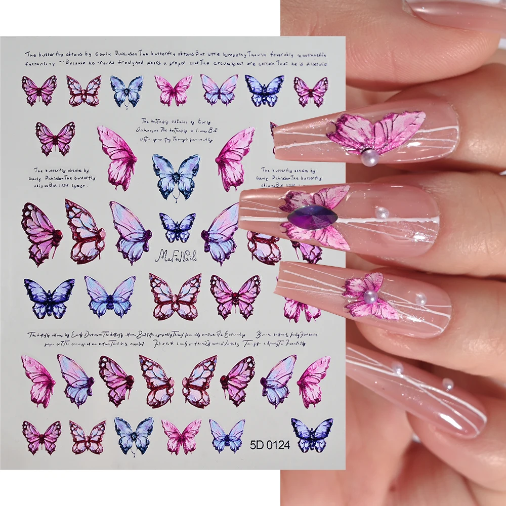 5D Realistic Relief Beautiful Flowery Pink Peach Blossom Butterfly Adhesive Nail Art Stickers Decals Charms Y2K Embossed Butterf