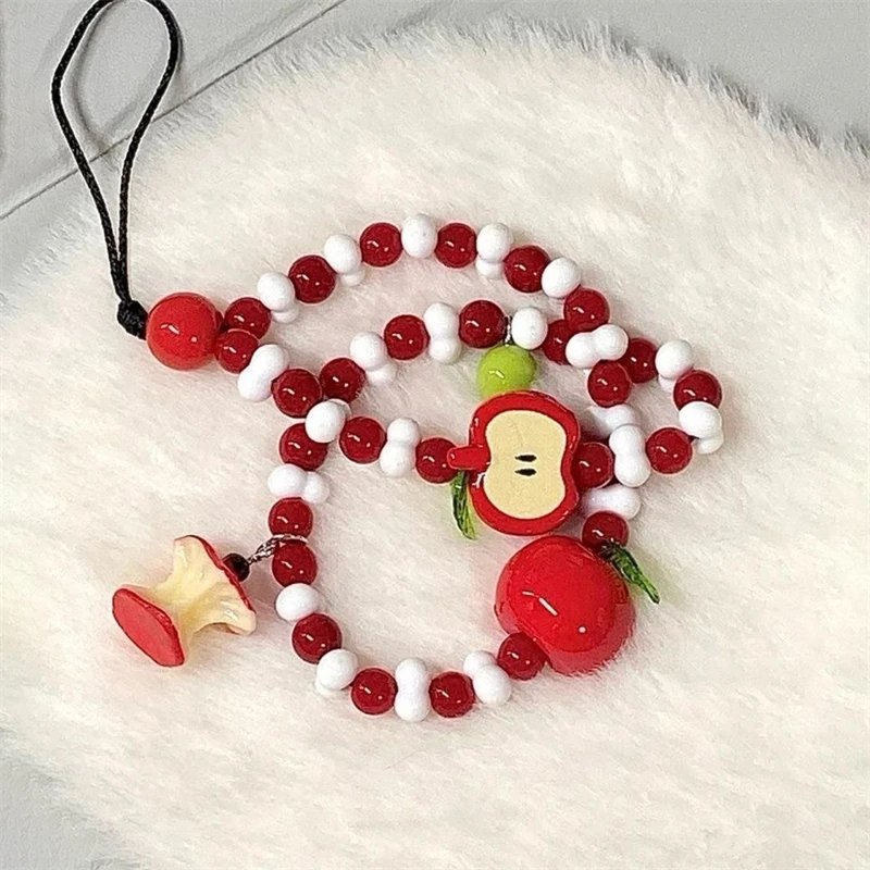 Korean Cute Apple Pearl Beaded Phone Chain Keychain Sweet Girl Bracelet Anti-Lost Phone Charm Lanyard For iPhone Samsung Camera view 5