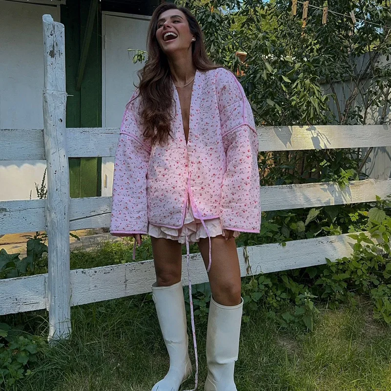 الحلو الأزهار طباعة المرأة القطن معاطف Y الرقبة الدانتيل يصل كم طويل فضفاض سترة دافئة موضة السيدات عادية التنقل ملابس خارجية