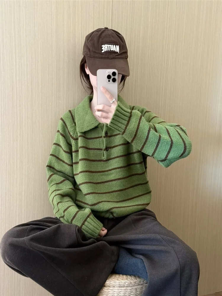Suéter de Punto ueso con Cuello  para Mujer, a Rayas Verdes, Estilo Hoado para Otoño e Invierno, Corto, Cómodo y Cálido