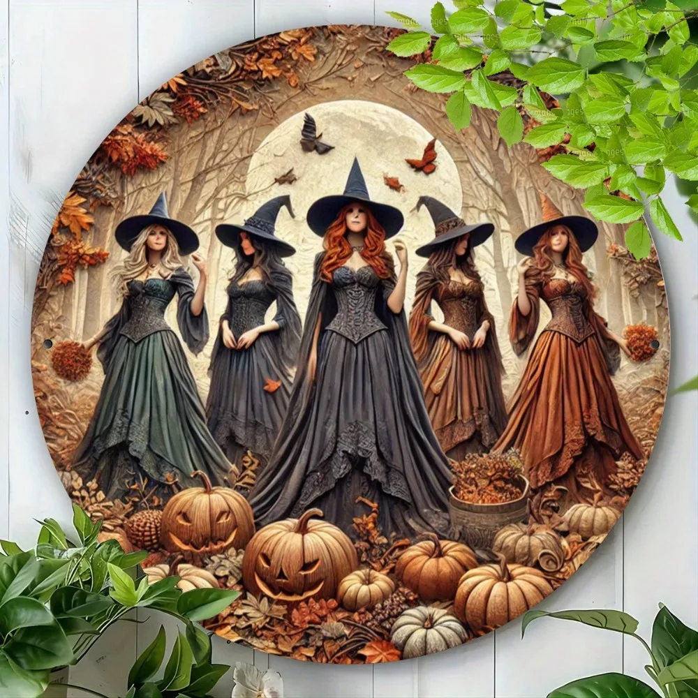

Aluminum 2D Flat Printed Autumn Witch Theme Round Metal Wall Art Decor, HD Print for Home, Café Decoration, for Halloween