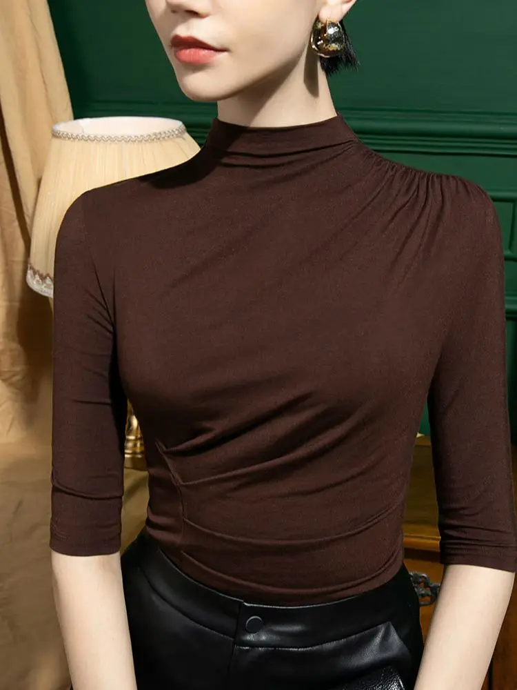 Early Autumn Modal T-shirt For Women Half Sleeve Turtleneck Folds Top Female Simple Base Clothing Spring