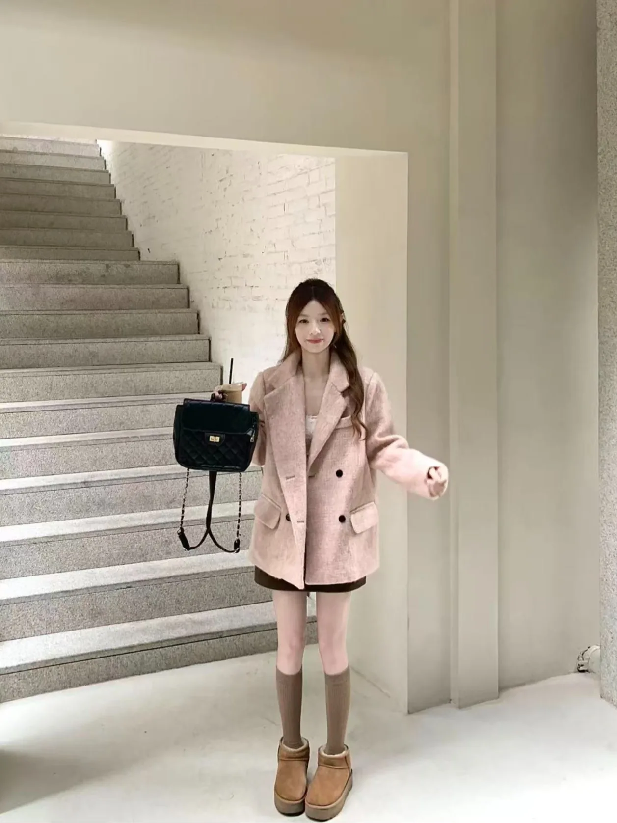 

Kumikumi Pink Double-Row Button Woolen Coat Women's Fashionable Spring Outerwear Casual Loose Fit Long Sleeve Open Style