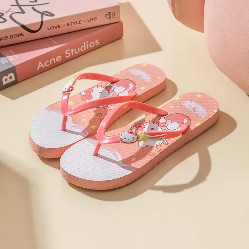 Sanrio Hello Kitty Slipper Anime Kawaii  Cute Cartoon Pink Flip Flop Women Wearing Beach Shoes on The Outside Thick Soled Sandal