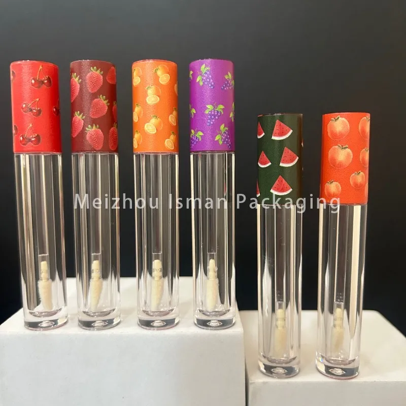 50 unidades de tubos de brillo labial/bálsamo labial vacíos con impresión 3D de frutas coloridas (fresa, cereza, uva, sandía) de 5 ml