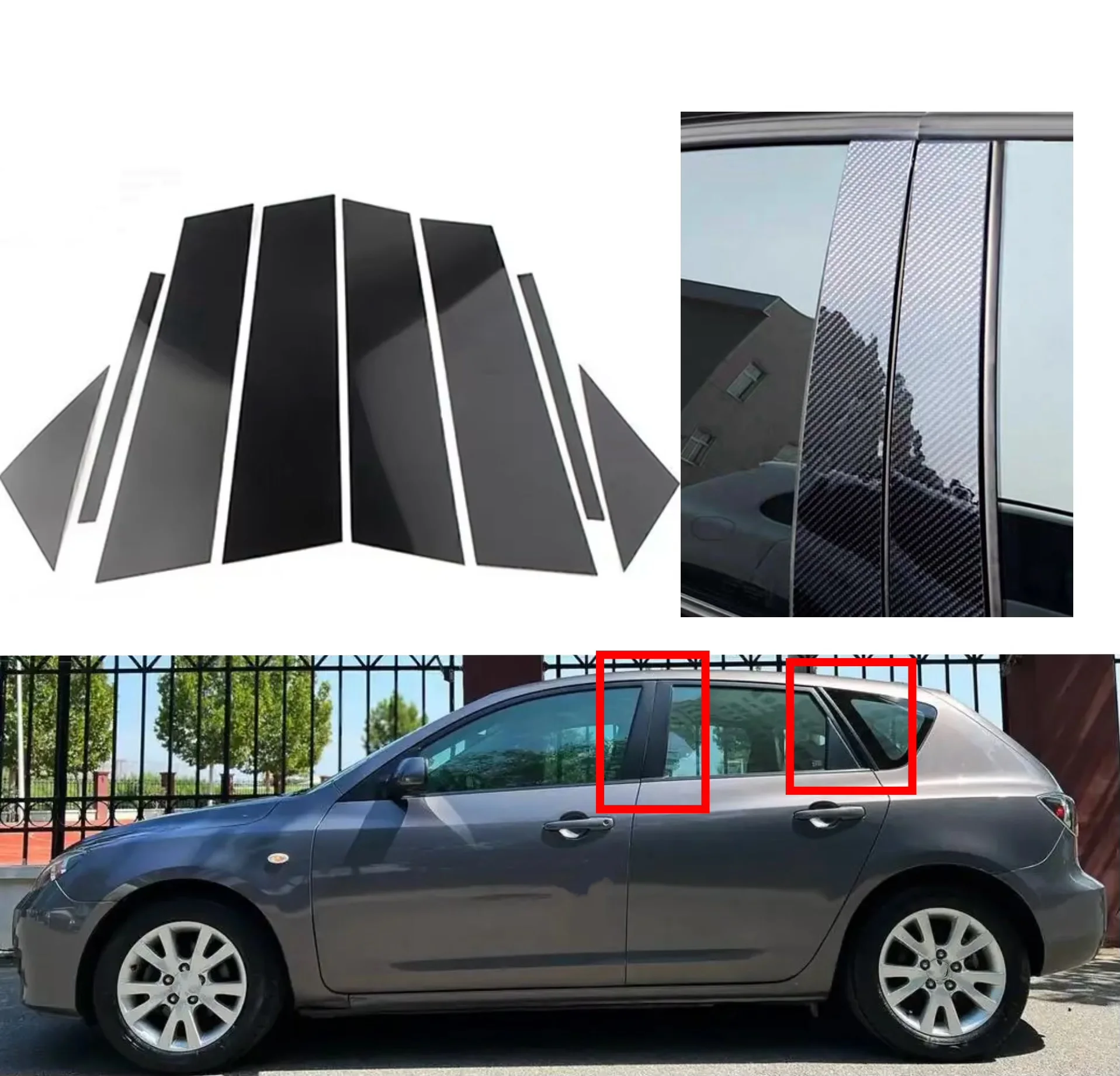 

8pcs Glossy Black Silver Carbon Pillar Post Fit For Mazda 3 BK Hatchback 2003-2008 Door Window Column BC Trim Sticker Cover