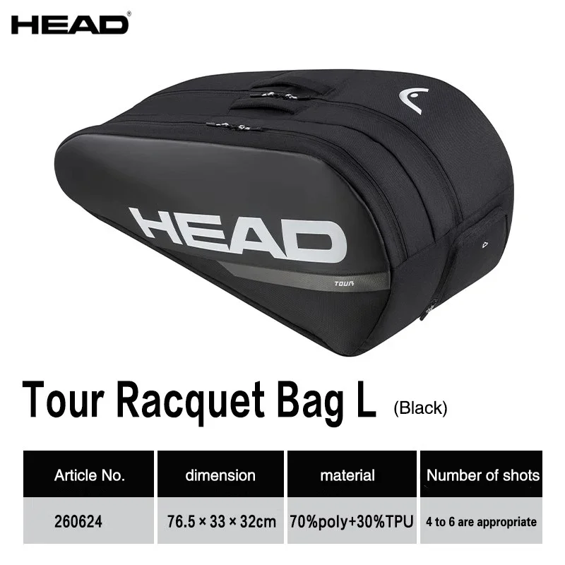 HEAD Tour Black Large Capacity for 4-5 Rackets Shoulder Tennis Sports Racket Bag Court Bag Without Shoes Compartment Tennis Bag
