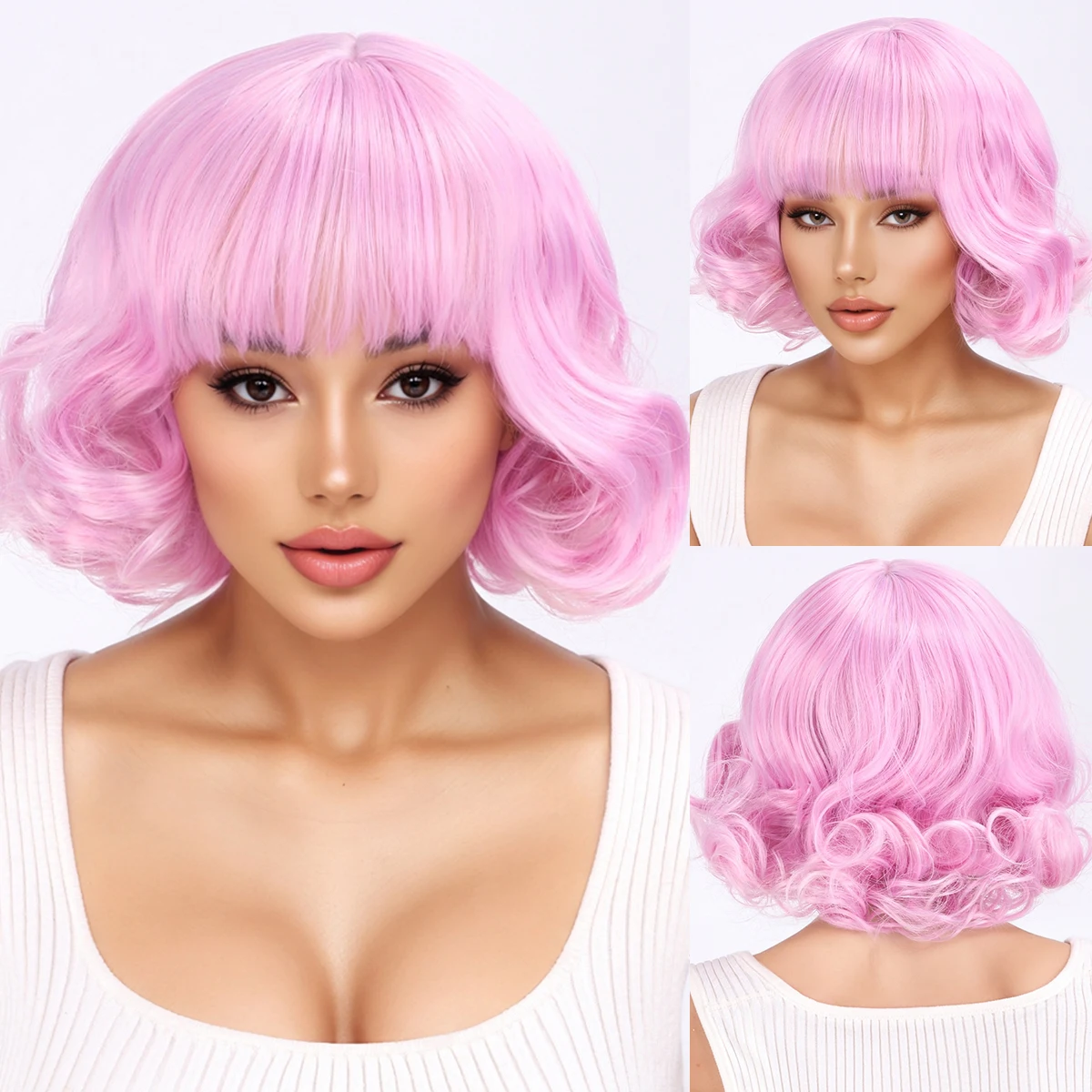 

Европейские и американские женские модные короткие кудрявые парики, пышные реалистичные розовые синтетические парики - парики из синтетического волокна