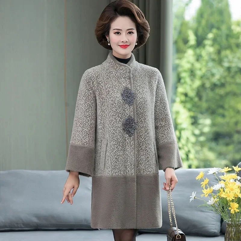 2025 New Mom Autumn/Winter Fashion Foreign Mink Fleece Coat Top Middle Old Age Women's Wool Coat Middle Long Style Noble Cardiga