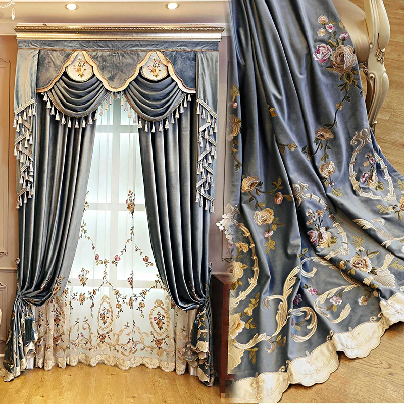 

High Grade Blue and Green Velvet Embroidery Thickened Shading Curtains for Living Room Bedroom Villa High Window Customization