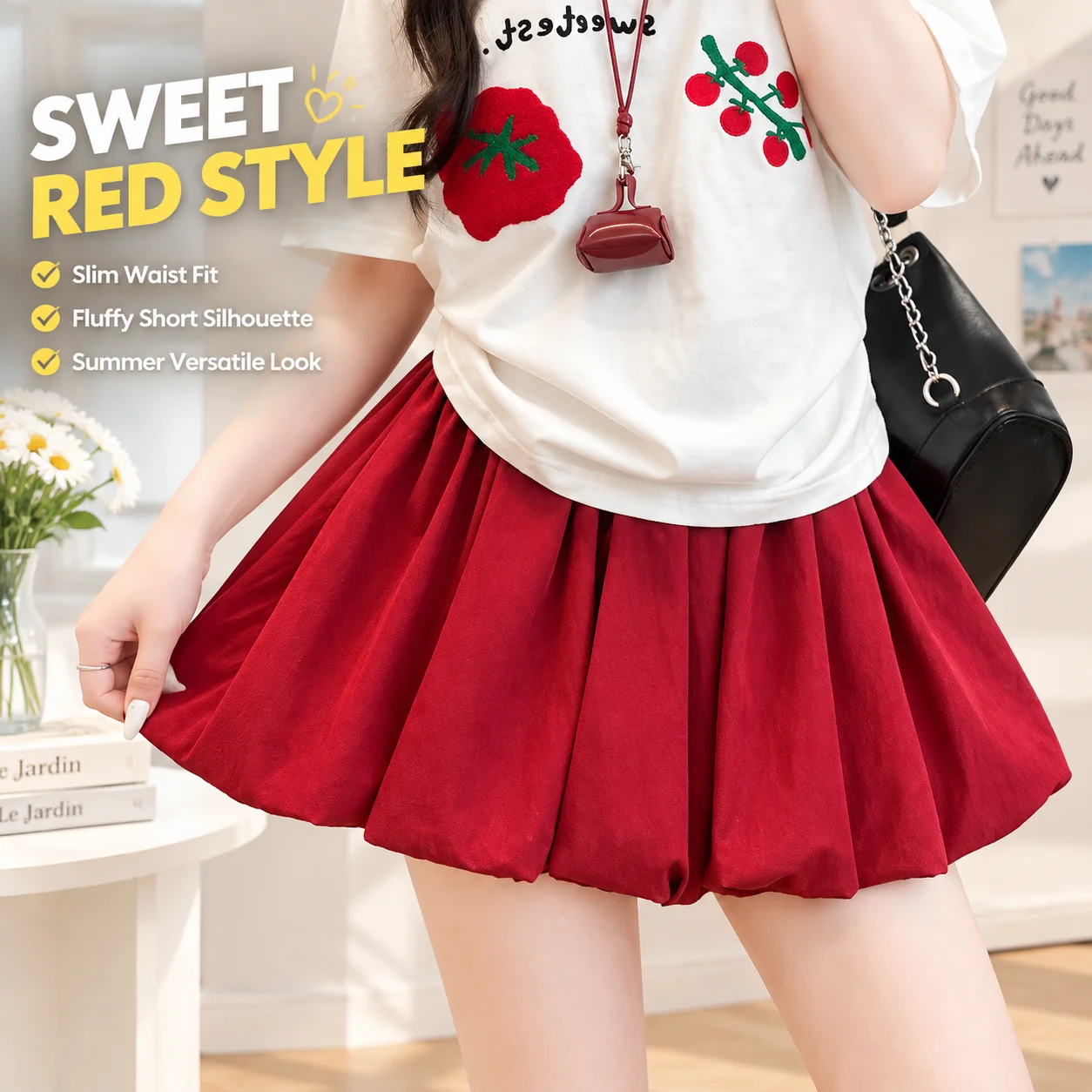 Women Sweet Spicy Red Bud Mini Skirt Korean Style Slim Waist Fluffy Short Skirt Summer Unique Niche Design Versatile