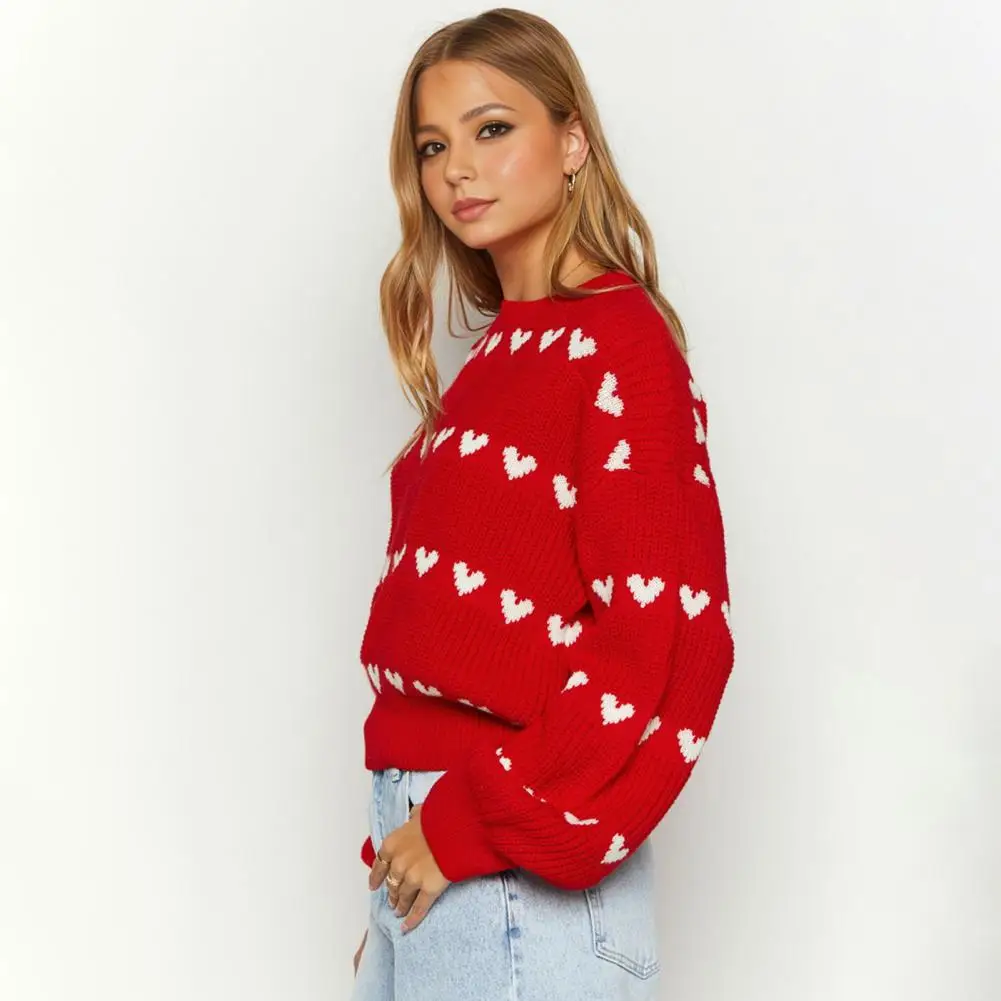 Women Sweater Round Neck Long Sleeve Heart Pattern Knitting Tops Loose Fit Ribbed Trim Stretchy Pullover Sweater Daily Wear