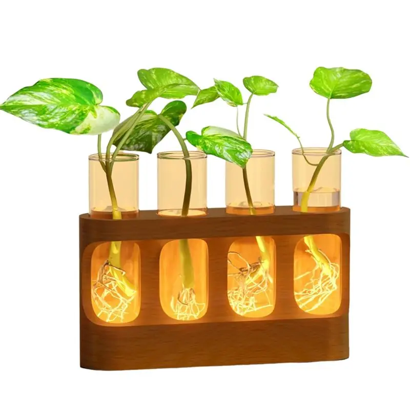 ABCA-Plant Propagation Station With 4 Test Tube Vases, 9-Speed Adjustable LED Lighting, Wooden Stand Plant Terrarium