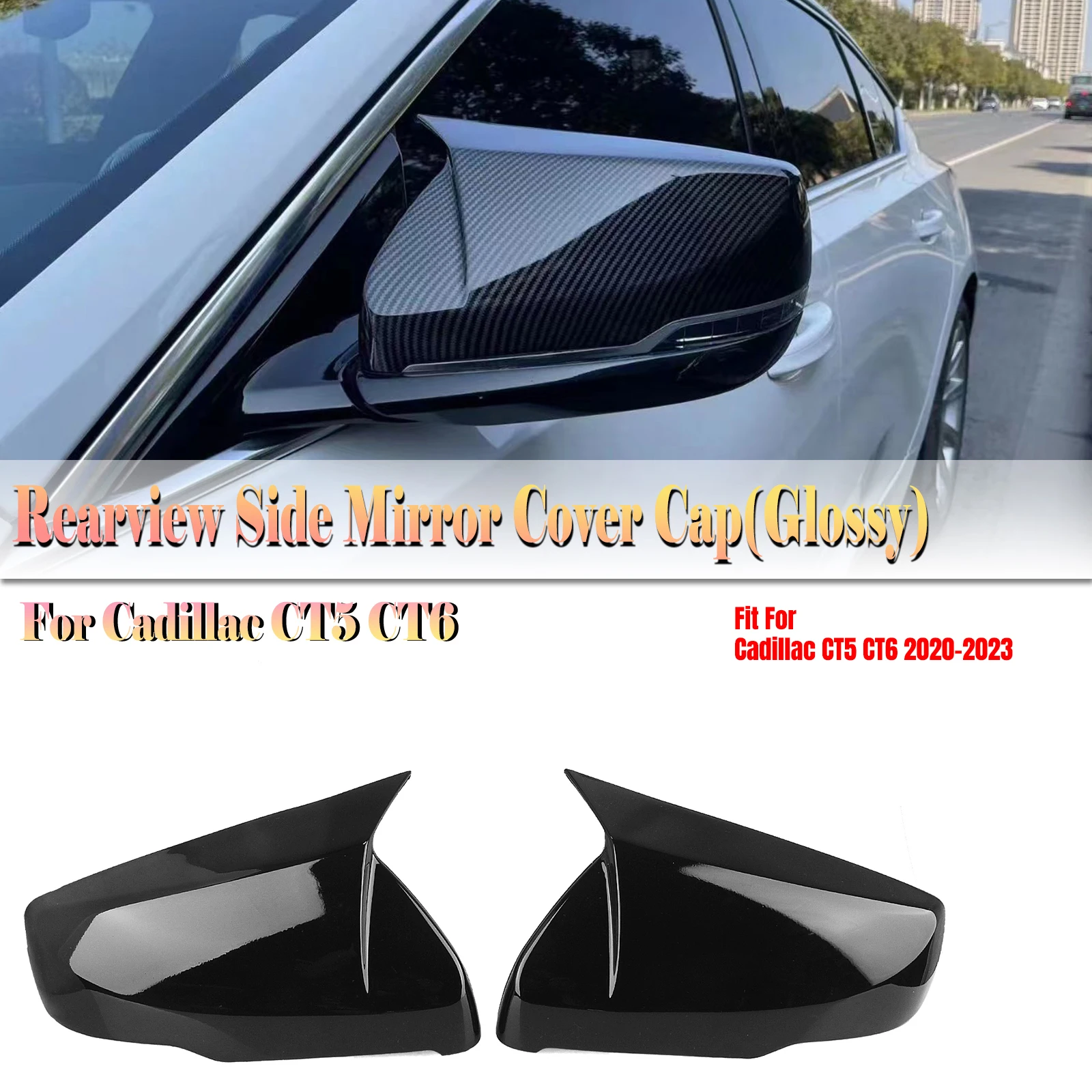 

Mirror Cover For Cadillac CT5 CT6 2019-2024 Sedan Replacement Carbon Fiber Look/Gloss Black Side Rear View Cap Shell