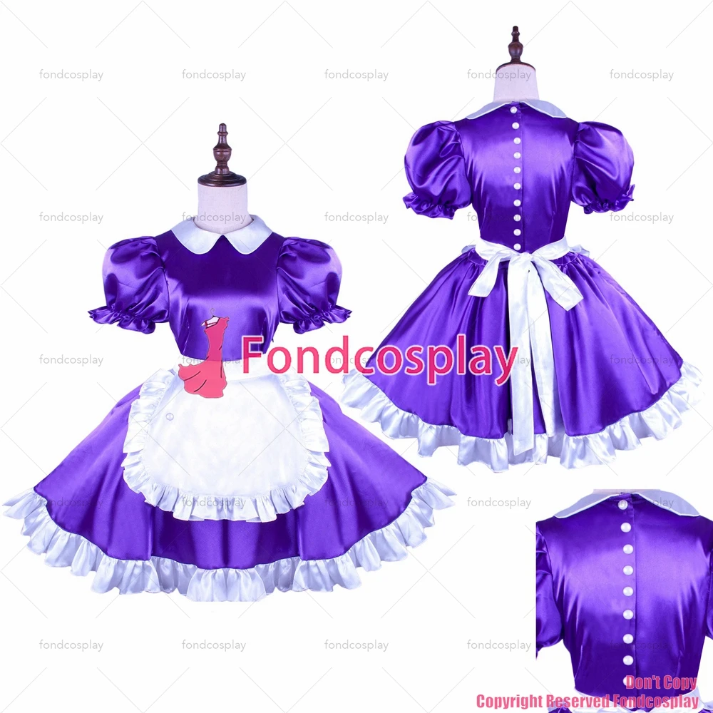 

cross dressing sissy maid Purple Satin dress with Pearl buttons uniform white apron Peter pan collar CD/TV[G1493]