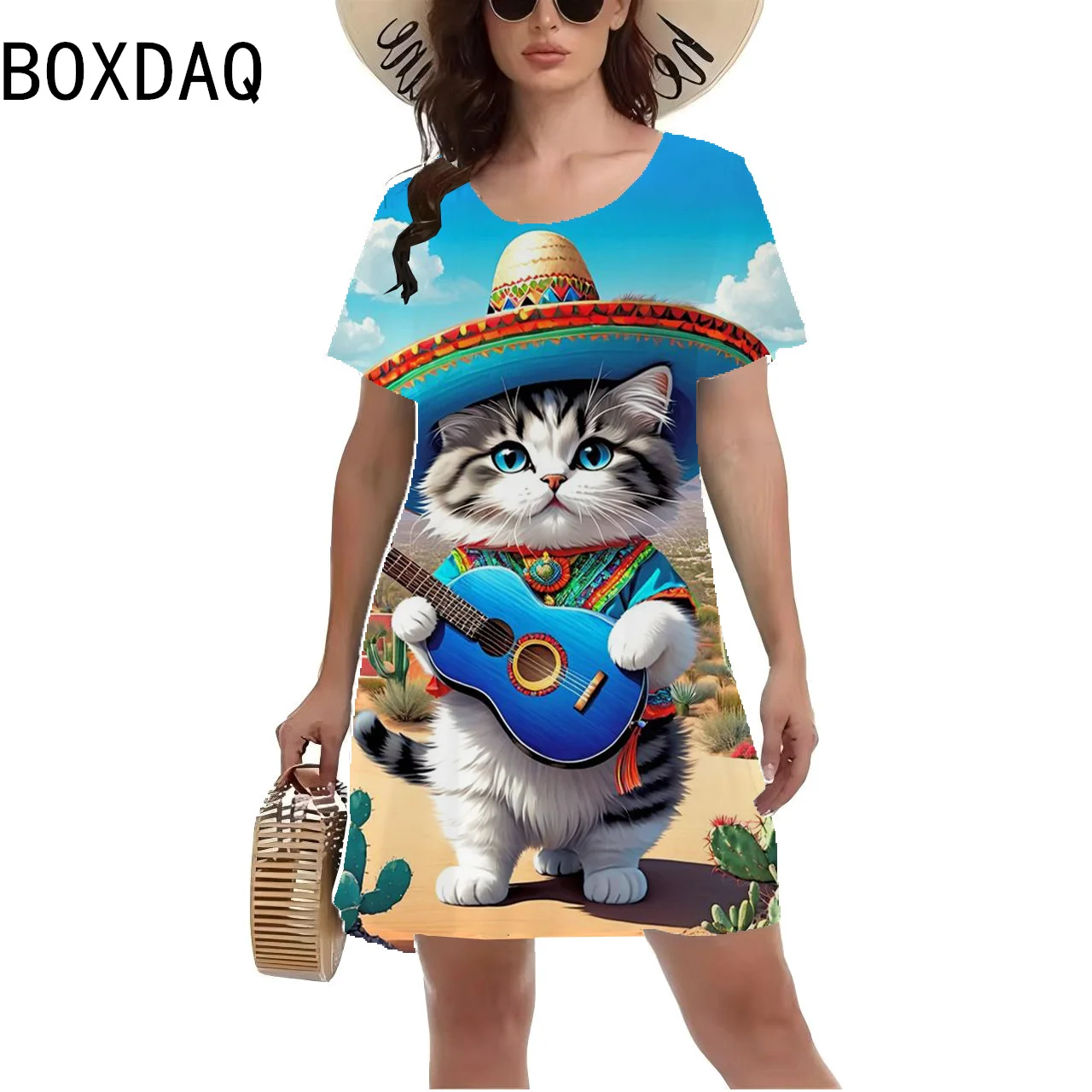 Women Short Sleeve O-Neck Casual A-Line Dress 3D Cartoon Cat Printed Mini Dress Beach Leisure Vacation Style Dress Sundress