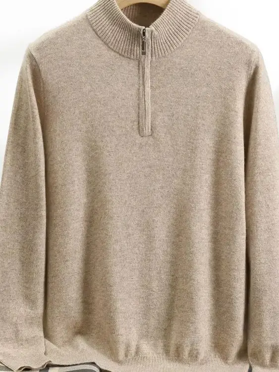 

High Quality Men's Autumn Winter 100% Cashmere Sweater Mock Neck Zipper Pullover Thick Long Sleeves Casual Cashmere Knitting Top