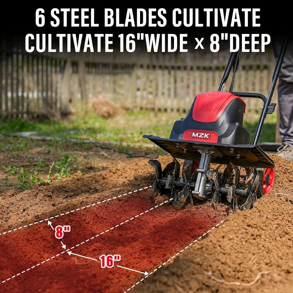 Leme/cultivador elétrico com fio de 16 polegadas e 13,5 A, profundidade de leme de 8 polegadas com rodas ajustáveis, rototiller elétrico dobrável