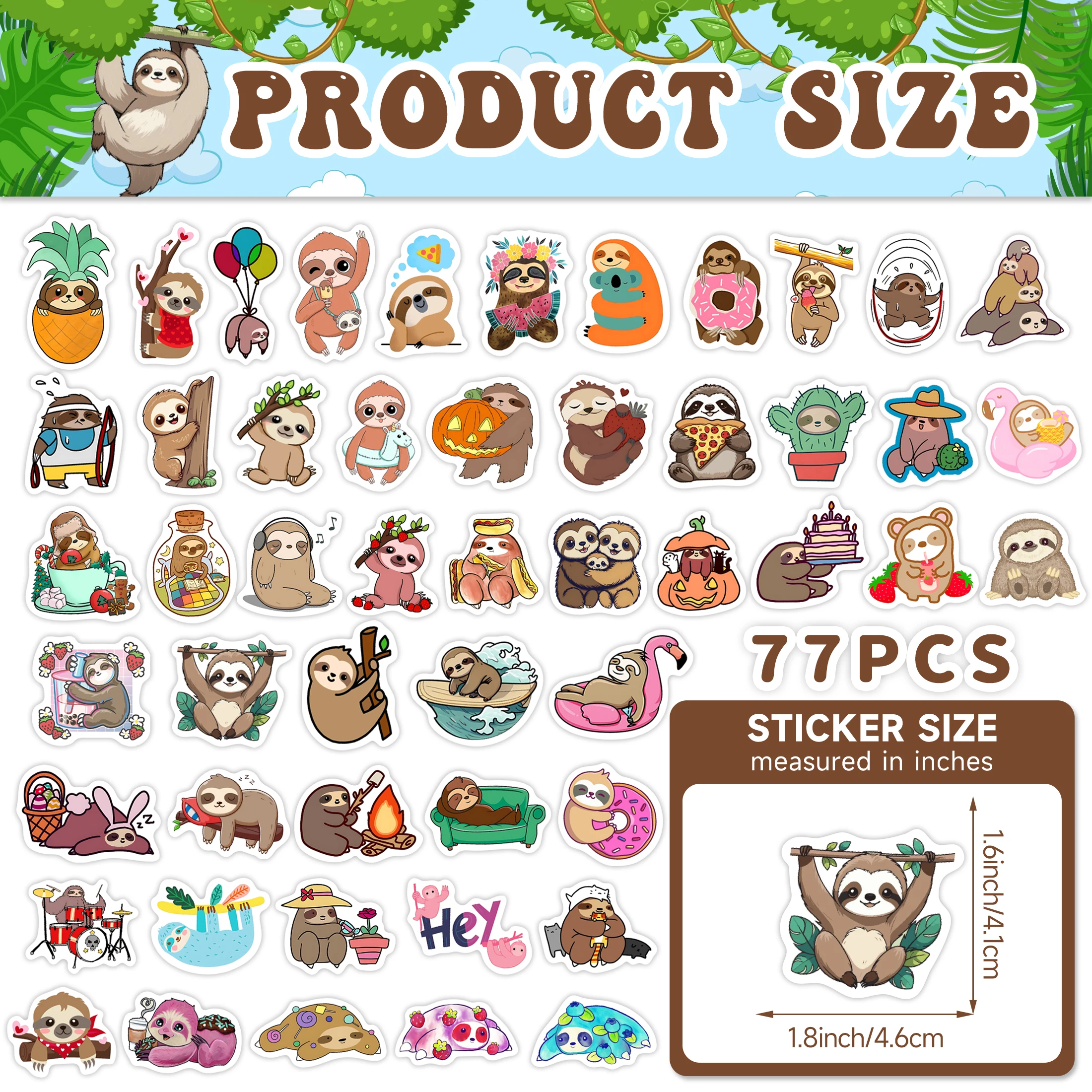 75 Stück Cartoon-Faultier-Aufkleber für Wasserflaschen für Kinder, lustige süße Faultier-Tier-Laptop-Aufkleber, wasserfestes Vinyl für Gepäck