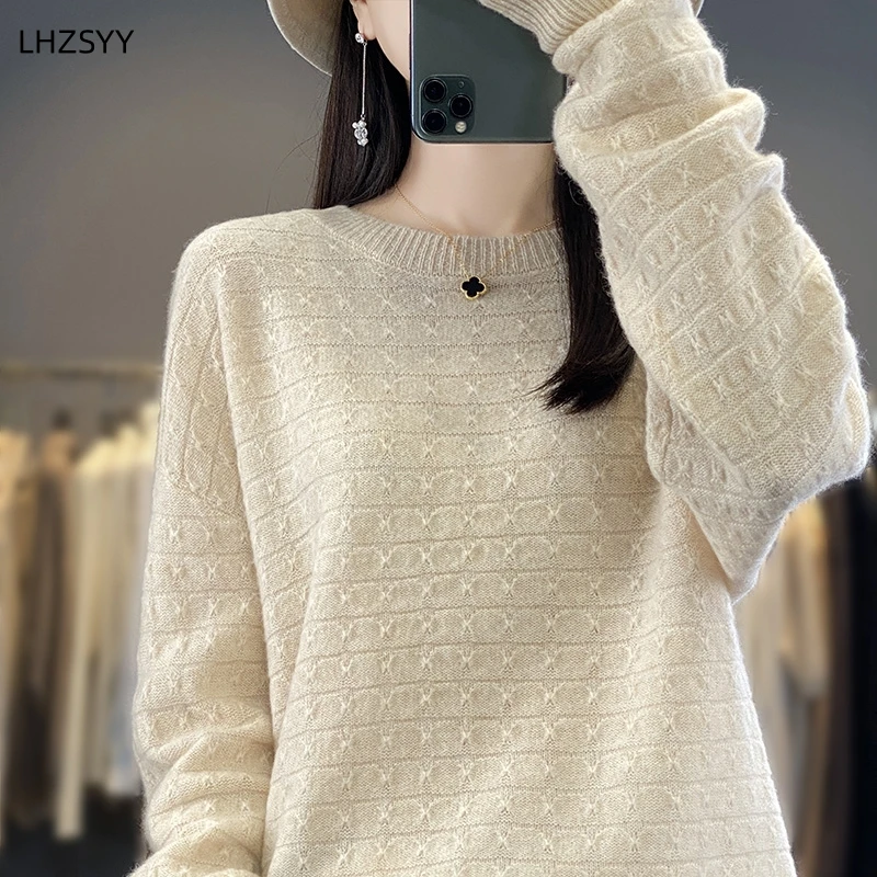 LHZSYY 2023Spring Autumn New Pure Wool Sweater Ladies O-Neck Loose Pullover Fashion Jacquard Knit Women Tops Cashmere Base Shirt