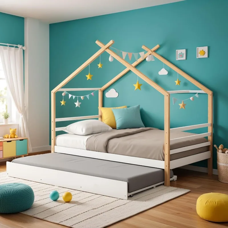 Cama de casa doble con nido, marco de cama de plataforma de tienda Montessori de madera de tamaño doble con barandilla de seguridad, tipi bajos para niños B