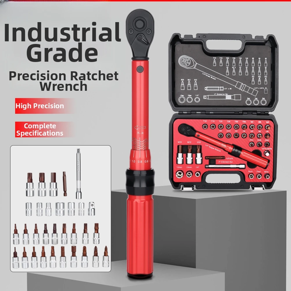 Adjustable Torque Wrench Set 32 Pieces Featuring 1/4-Inch Drive Ratchet with 70 Tooth Design and 2-24 Nm Range