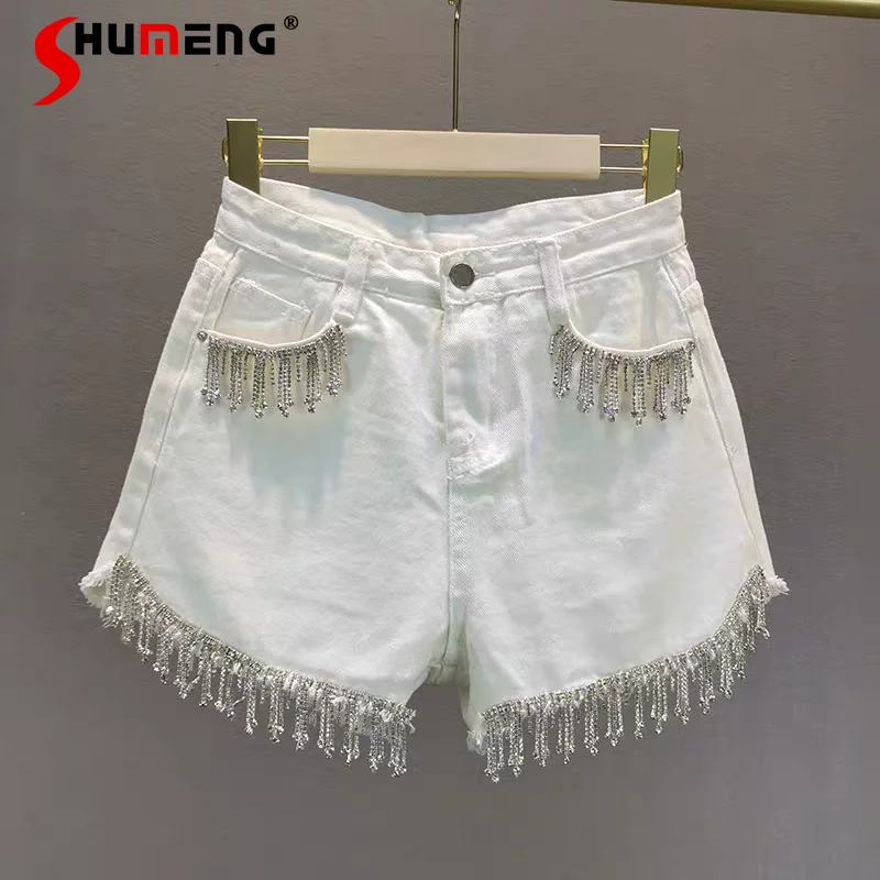 

2024 Women's Summer Fashion Denim Short Trousers Trendy Female Slimming Wide-Leg Pants Rhinestone Tassel High Waist Denim Shorts