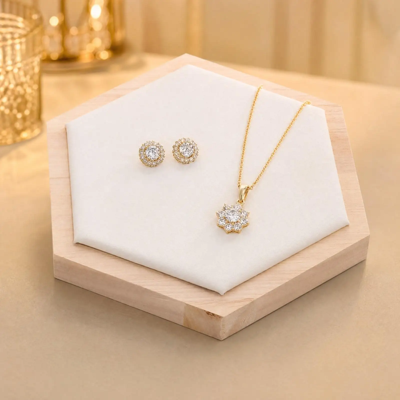 Compact Hexagon Jewelry Display Stand Wooden Base with Padded Leather Faces for Retail Shop Necklace Bracelet Organizer