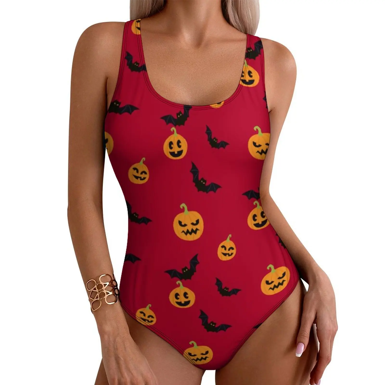 Black Bat Swimsuit Sexy Halloween Red Pumpkin Ladies Swimwear One Piece Stylish Swimsuits Swim Push Up Hollow Out Beachwear
