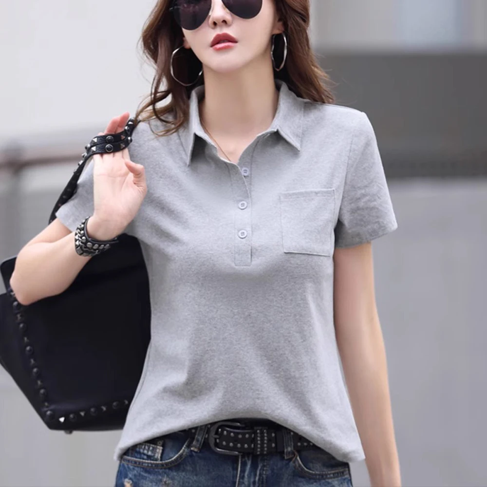 Versão coreana camiseta de manga curta para o verão feminino nova moda high-end puro algodão lapela solta casual oversized topo