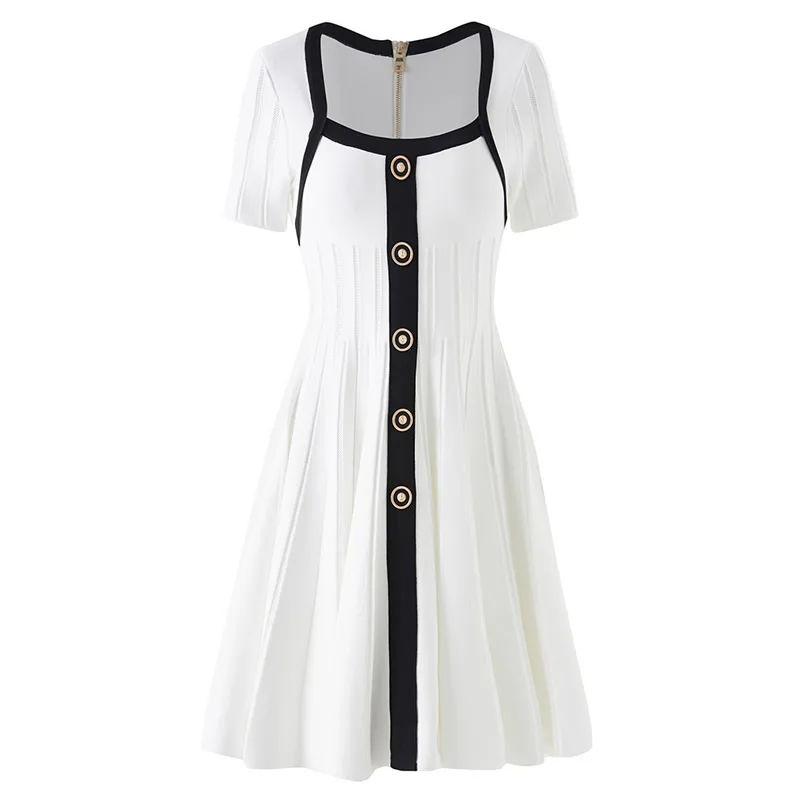 

Vintage Design Women Knitted Cotton Dress Fashion Square Collar Short Sleeve A-Line Dresses