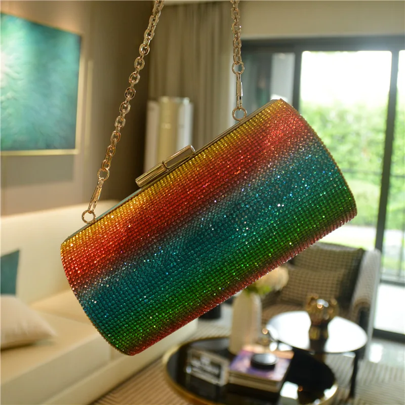 Rainbow Rhinestone Purse Evening Bags for Women Luxury Party Handbag for Wedding Clutch Bag Diamond Cylinder Shoulder Bag