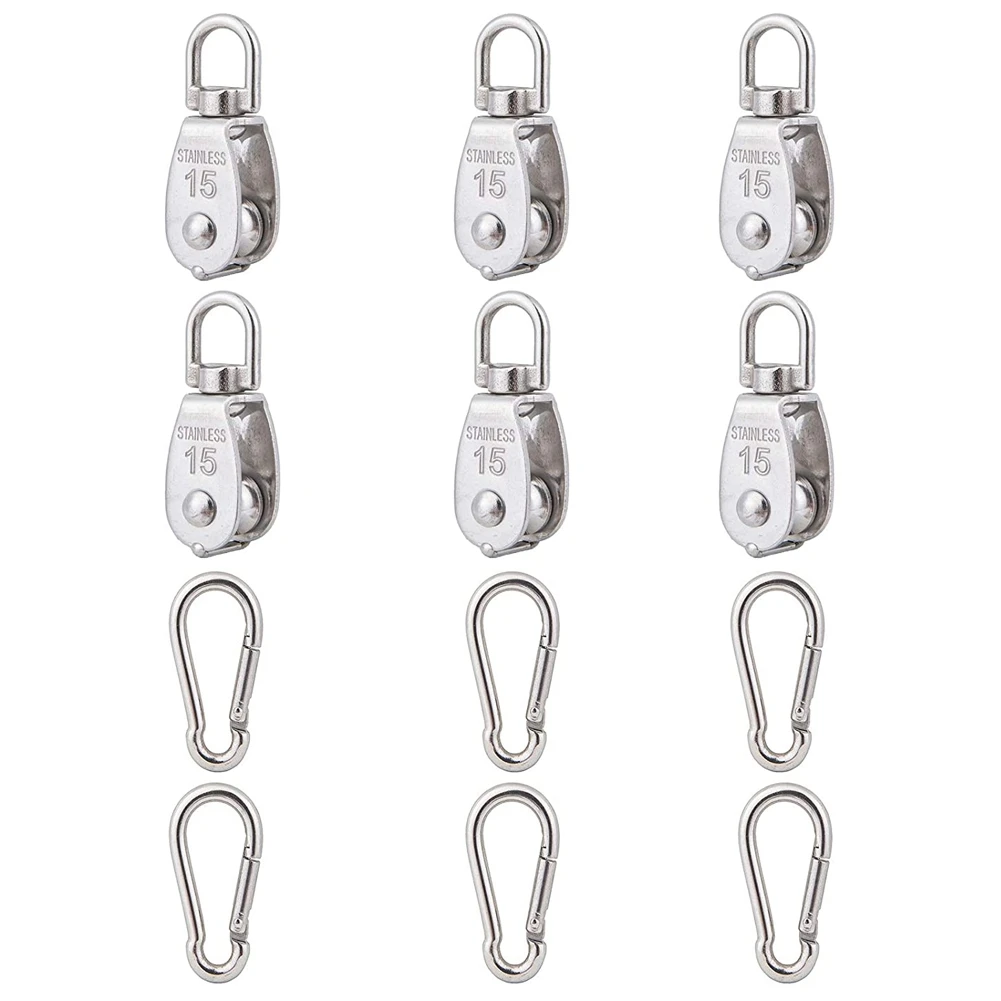 6 Pcs Stainless Steel Wire Pulleys M15 Single Pulley Lifting Wire Rope Suspension Traction Pulley with 6 Spring Hooks